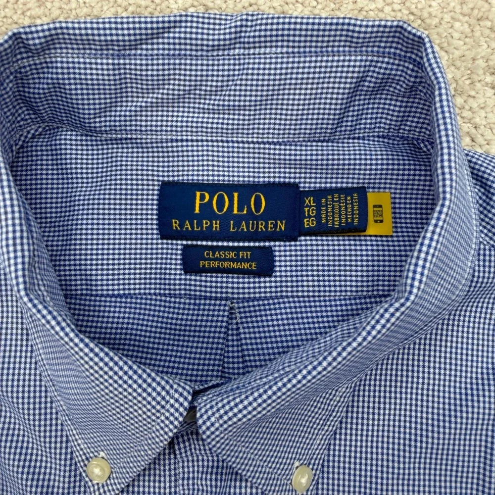 Polo Ralph Lauren Mens XL Button Down Shirt Blue Gingham Performance Classic Fit
